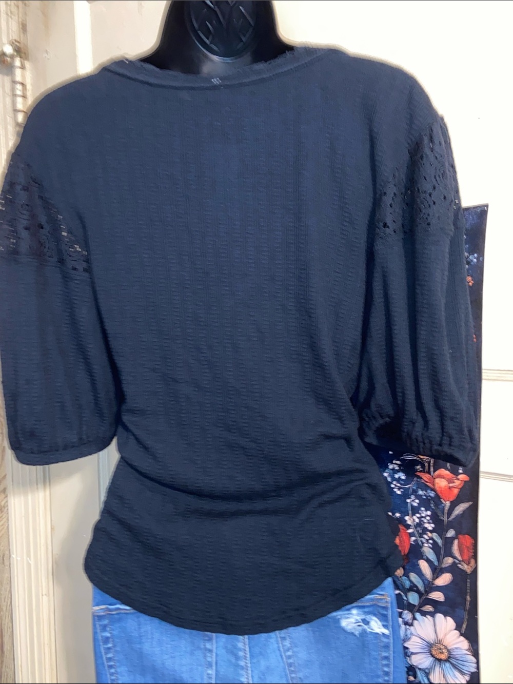 ST JAMES BLACK RIBBED TOP Deep Scoop Puffy Sleeves NWT FREE PEOPLE - Picture 4 of 7